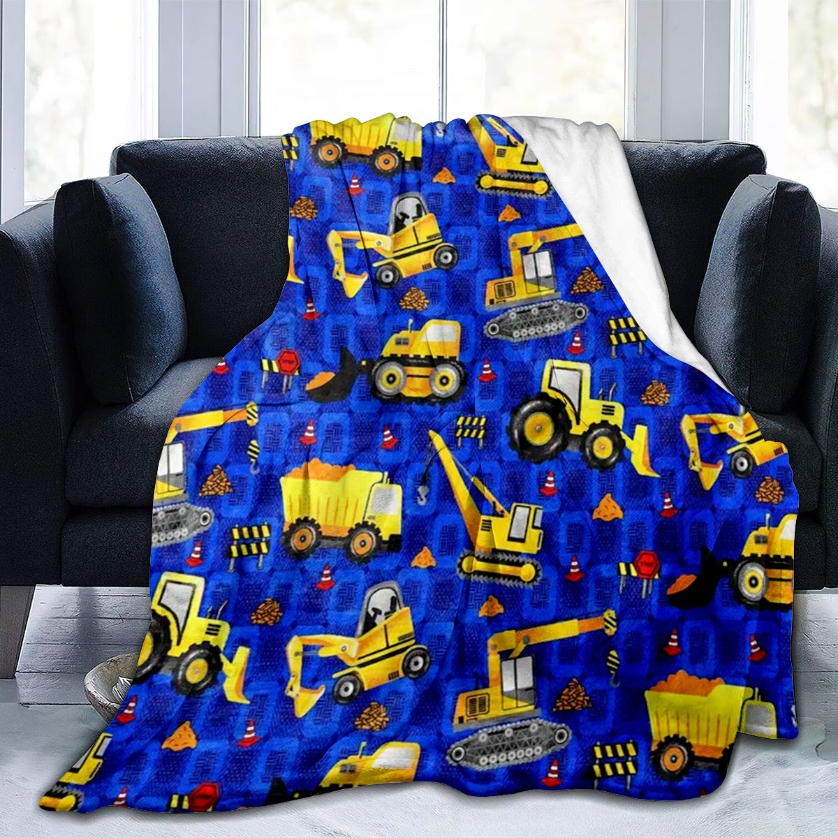 Dump Truck Heavy Equipment - ผ้าห่มลายรถก่อสร้าง 1 ผืน - ลายเครื่องจักรกลหนักพร้อมภาพรถดันดิน รถขุด